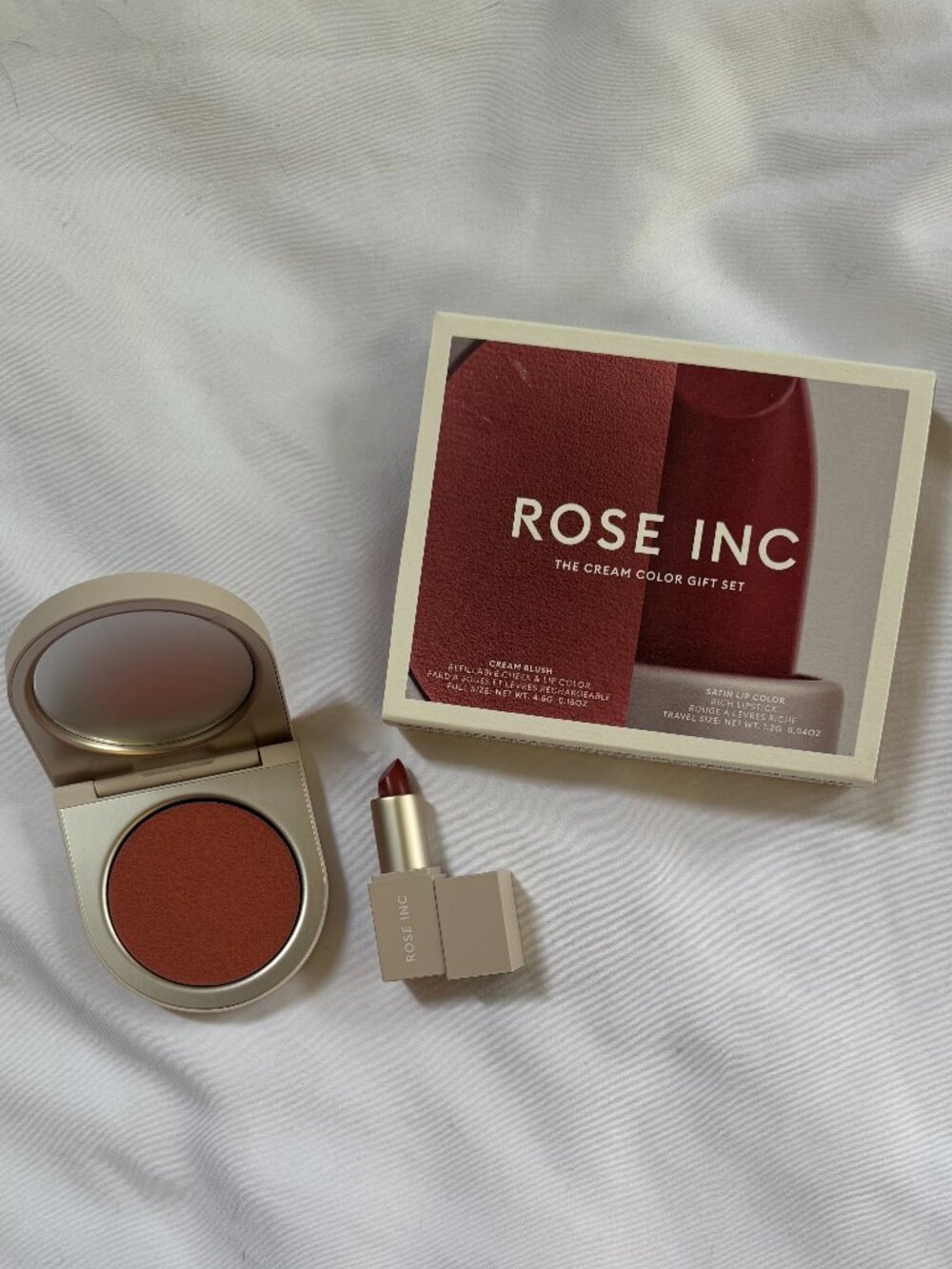 Rose Inc Gift Set Refillable Cream Blush, Heliotrope, Satin Lip Color, Enigmatic